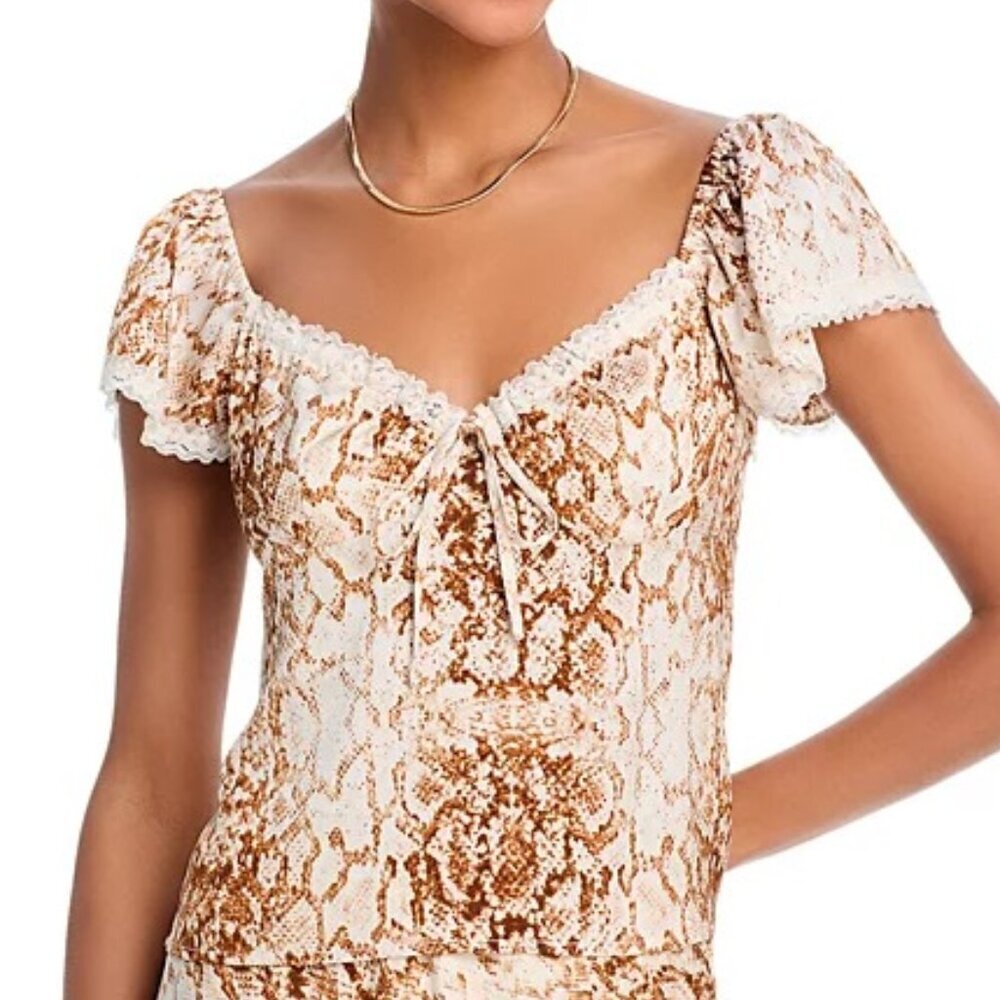 WAYF “Melissa” Lace-Trim Top | Sweetheart Tie • Flutter Sleeve • Lined | NWT M - Picture 3 of 7